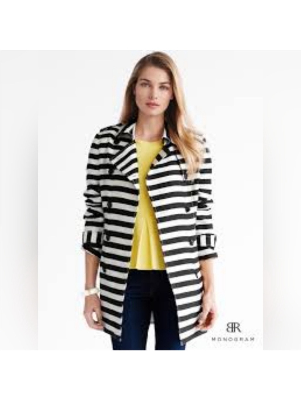 Banana Republic Black & Khaki Striped Trench Coat